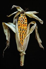 Poster - Close-up view of a single corn cob on a dark black background. Perfect for agricultural or food-related designs