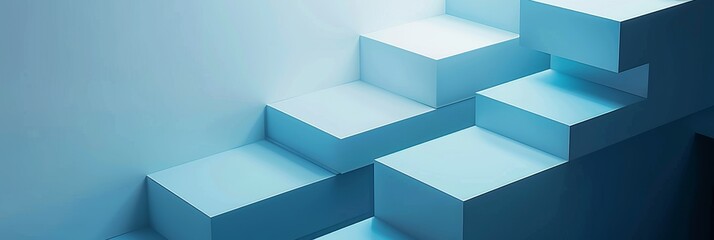 Poster - Abstract blue geometric staircase design - Minimalistic image of a geometric staircase with blue lighting creating a modern abstract look