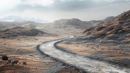 Poster - A dirt road winding through a desert landscape. Suitable for travel and adventure themes