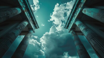 Poster - Group of columns with clear blue sky background, suitable for architectural and construction concepts