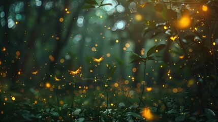 Canvas Print - A magical forest filled with glowing yellow fireflies. Perfect for nature and fantasy themes