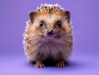 Wall Mural - A hedgehog with a curious expression, set against a purple background, offers ample copy space for a funny close-up