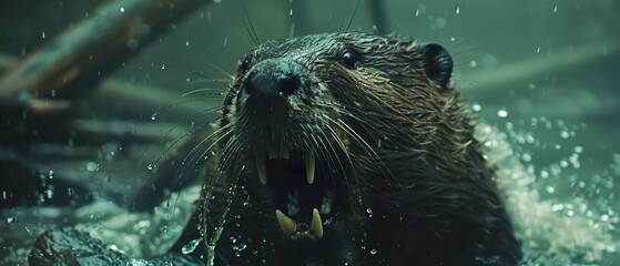 Wall Mural - Funny closeup portrait of a beaver, teeth showing, isolated on a deep forest green background, space for text