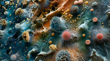 Wall Mural - A colorful image of many different types of sea creatures, including a pink blob