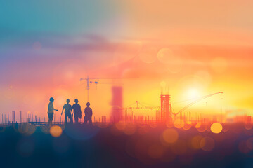 Silhouette of engineer and worker on building construction site at sunset in evening time.
