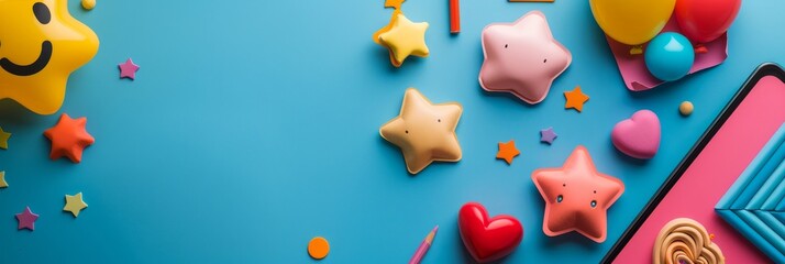 Colorful desk accessories on a blue background - A vibrant flat lay of various desk accessories and toys arranged on a bright blue background, portraying fun and creativity