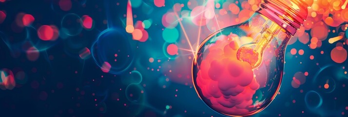 Poster - Lightbulb with vibrant abstract bokeh background - Colorful image with a glowing lightbulb surrounded by abstract bokeh lights on a dark backdrop