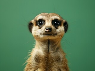 Poster - A meerkat's quirky closeup, standing alert on emerald green, offers ample copy space for creativity