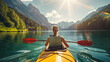 © Daniel - back view of woman kayaking in crystal lake near alps mountains,