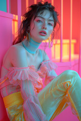 Wall Mural - Fashion model in a neon-lit setting, wearing a pastel outfit with ruffles. Editorial concept blending modern and retro aesthetics.