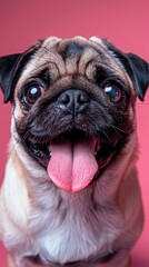 Wall Mural - A pug dog with its tongue out poses quirkily in a closeup on a pink background, offering ample copy space