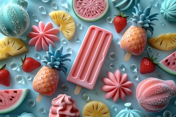 Vibrant summer icons scattered on light blue background. Minimalist design features playful objects like pineapples, watermelon slices, and ice cream, in soft pastel colors. Joy and warmth of summer.