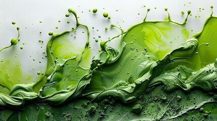 In this high resolution, matcha is splashed on a white background with drops.