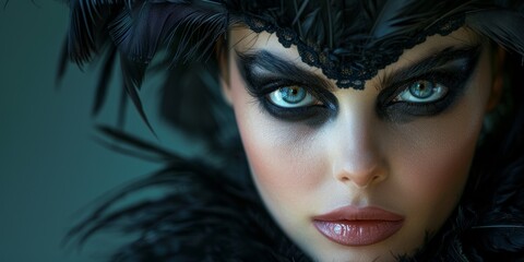 Poster - A captivating close-up portrait of a woman with striking makeup and intriguing feathered headpiece, evoking a sense of mystery and dramatic elegance