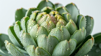 Wall Mural - A white background is surrounded by a high-definition, hyperrealistic image of an artichoke with some drops of dew on it.