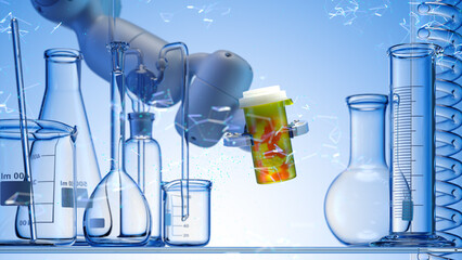 Wall Mural - modern high tech authentic robot arm holding bottle of pills.