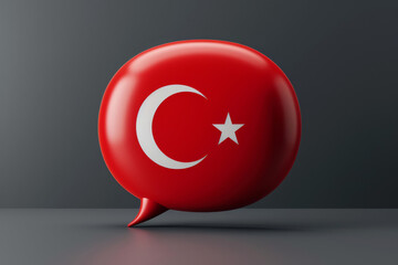 Poster - speech bubble with the turkish flag, symbolizing language learning, communication, and turkish linguistic education on a gray background
