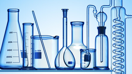 Poster - Glass chemistry lab equipment on blue background. Chemistry Lab concept. 3d 