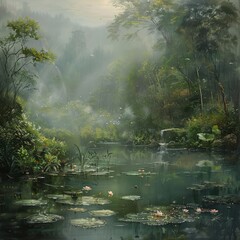 Wall Mural - A painting of a forest with a river and a waterfall