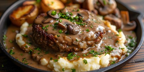 Sticker - Classic American Meal: Homemade Salisbury Steak with Mushroom Gravy and Mashed Potatoes. Concept Comfort Food, Homestyle Cooking, Meat and Potatoes, Hearty Dishes, Savory Gravy