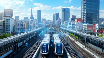 Wall Mural - Two futuristic bullet trains traveling in opposite directions through a bustling urban landscape with digital enhancements.