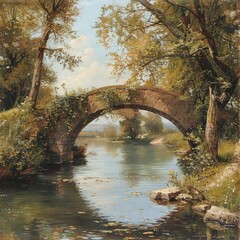 Canvas Print - A painting of a bridge over a river with trees in the background