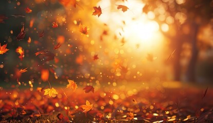 Wall Mural - Autumn background with blurred autumn leaves falling in the park at sunset. Autumn landscape with copy space for your text and web banner