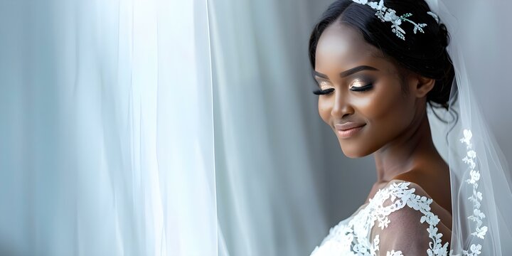 african bride in a white wedding dress standing by a window on a morning. concept wedding photograph