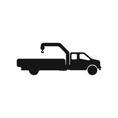 Wall Mural - Truck manipulator vector icon. Black car with crane vector. Tow truck icon. Wheel loader logo. Truck silhouette vector. Vector illustration.