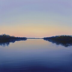 Canvas Print - A painting of a river with a sunset in the background