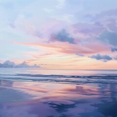 Poster - A beautiful painting of a beach with a cloudy sky and a pink and purple sunset