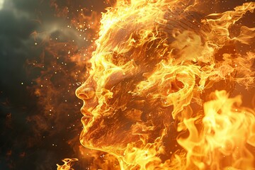 Poster - Fiery Human Profile: An Intense Conceptual Artwork of a Face Engulfed in Flames, Symbolizing Energy and Power, Generative AI