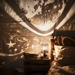 Wall Mural - A bedroom with a white bed and a lamp on a nightstand