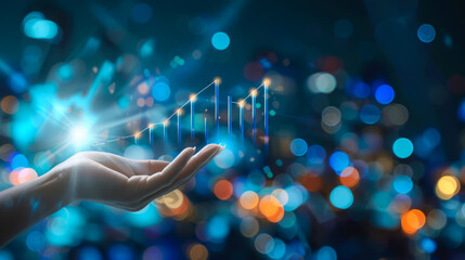 Wall Mural - Close-up of digital histogram and trend lines in hand on dark background. A businessman's hand holds a rising stock in a dark modern office. Business and technology concept.