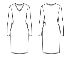 Wall Mural - Basic dress with V-neck, fashion technical template.