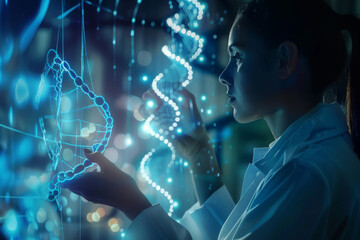 Poster - Focused female scientist studying a holographic dna helix, representing advanced genetic engineering and biotechnology research in a modern laboratory