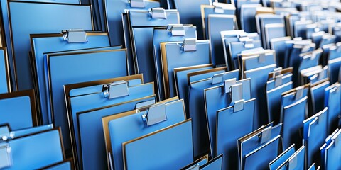 Poster - Organized Office Storage with Rows of Blue Folders, highlighting efficient file management and systematic document storage in a well-ordered administrative environment, Generative AI