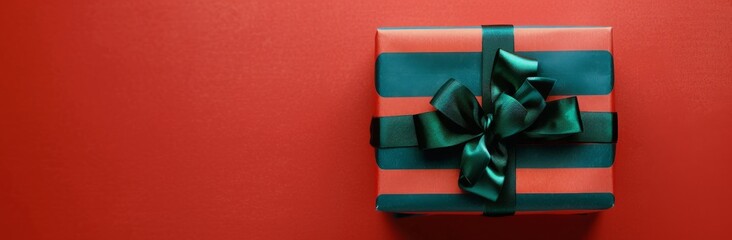 Poster - Green and Red Wrapped Present on Red Background