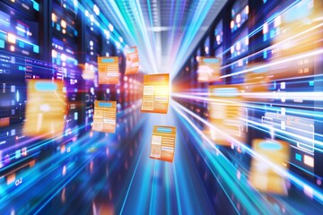 Aufkleber - Dynamic Digital Data Flow in a Futuristic Network Environment, showcasing the seamless connection and transfer of information in a modern and innovative digital interface, Generative AI