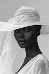 A black and white portrait of a woman wearing a white hat with a large brim.