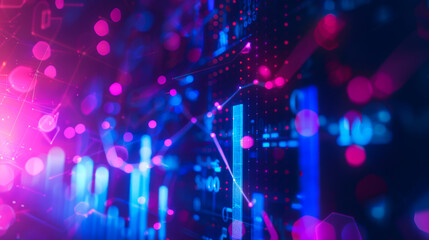 Poster - Abstract background of graphs and numbers in neon color. Histograms of blue and purple colors, indicating sales growth. Successful business. Concept of sales growth, success.