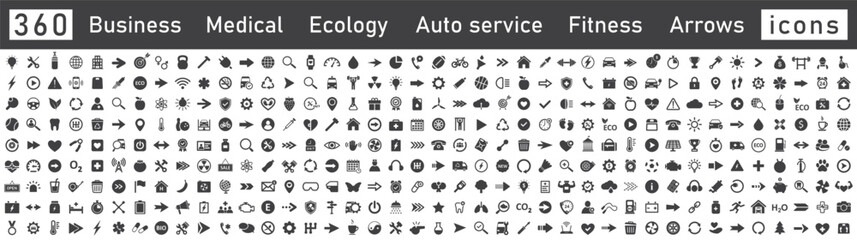 Set of icons, mega collection 360 icons. Business, fitness, medicals, sport, ecology, food, auto service, finance, arrows. Vector.