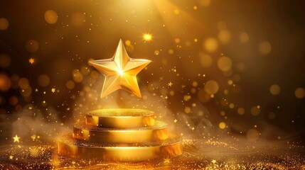 Wall Mural - Three-step golden podium with a glowing star and glitter.

