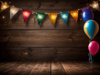 Wall Mural - a wooden background with colorful balloons ,flags and lights,space for text