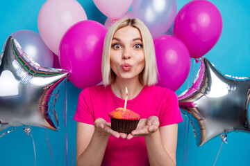 Sticker - Photo portrait of attractive young woman air balloons cupcake blow candle dressed stylish pink clothes isolated on blue color background