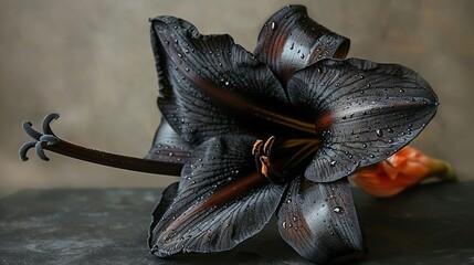   Close-up of a black flower with water droplets on petals and a bud on the stem