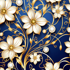 seamless pattern with flowers, beautiful floral motif pearl gold strings royal abstract background, intricate vector illustration