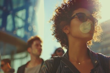 Wall Mural - Beautiful young woman with curly hair in sunglasses on the background of the city