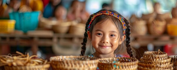 Asian descent children at AAPI craft workshop, crafting traditional items in classroom with wall copy space