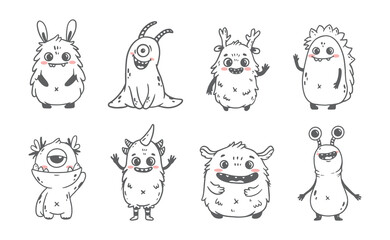 Wall Mural - set of cartoon monsters. cute monsters in doodle style. kids funny character design for posters, car